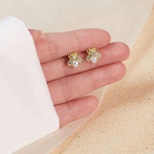 Gold Pearl Bee Stud Earrings